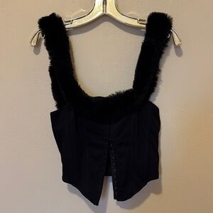 Black Faux Fur Strap Crop Top